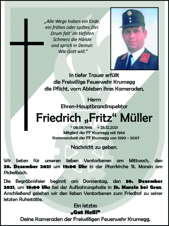 Wir trauern um unseren Feuerwehrkameraden Herrn E-HBI Friedrich 