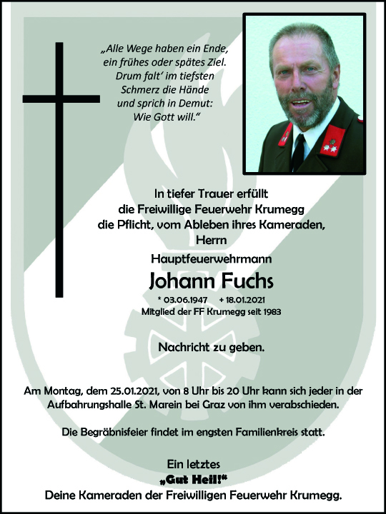 Wir trauern um unseren Feuerwehrkameraden Herrn Johann Fuchs