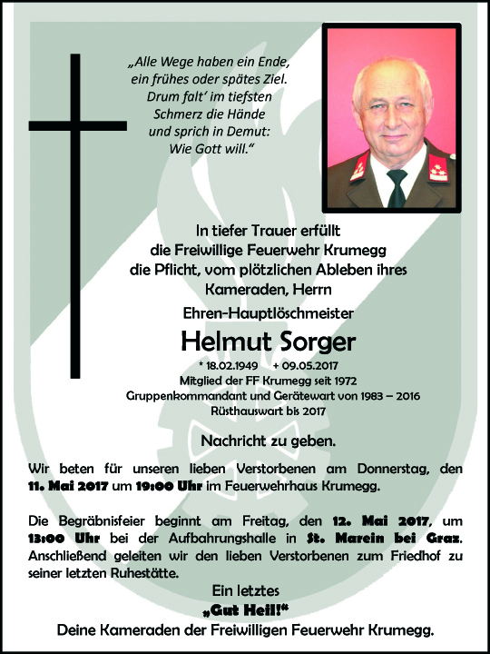 Wir trauern um unseren Feuerwehrkameraden Herrn Helmut Sorger aus Krumegg