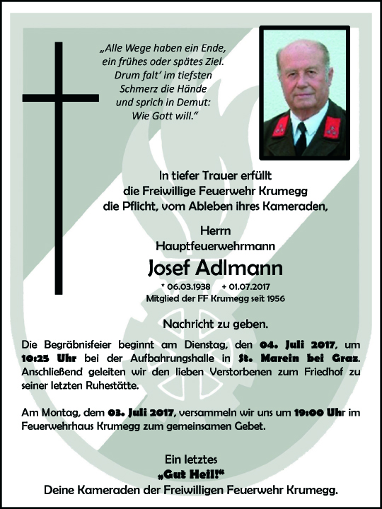 Wir trauern um unseren Feuerwehrkameraden Herrn Josef Adlmann aus Krumegg