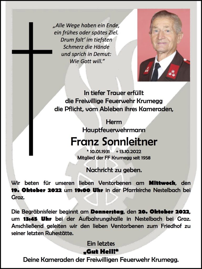 Wir trauern um unseren Feuerwehrkameraden Herrn HFM Franz Sonnleitner